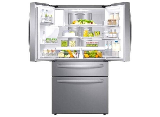The Samsung smart refrigerator is modern and high-tech 